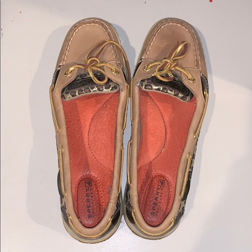 Sperry Tan & Black boat shoes w/ leopard detailing